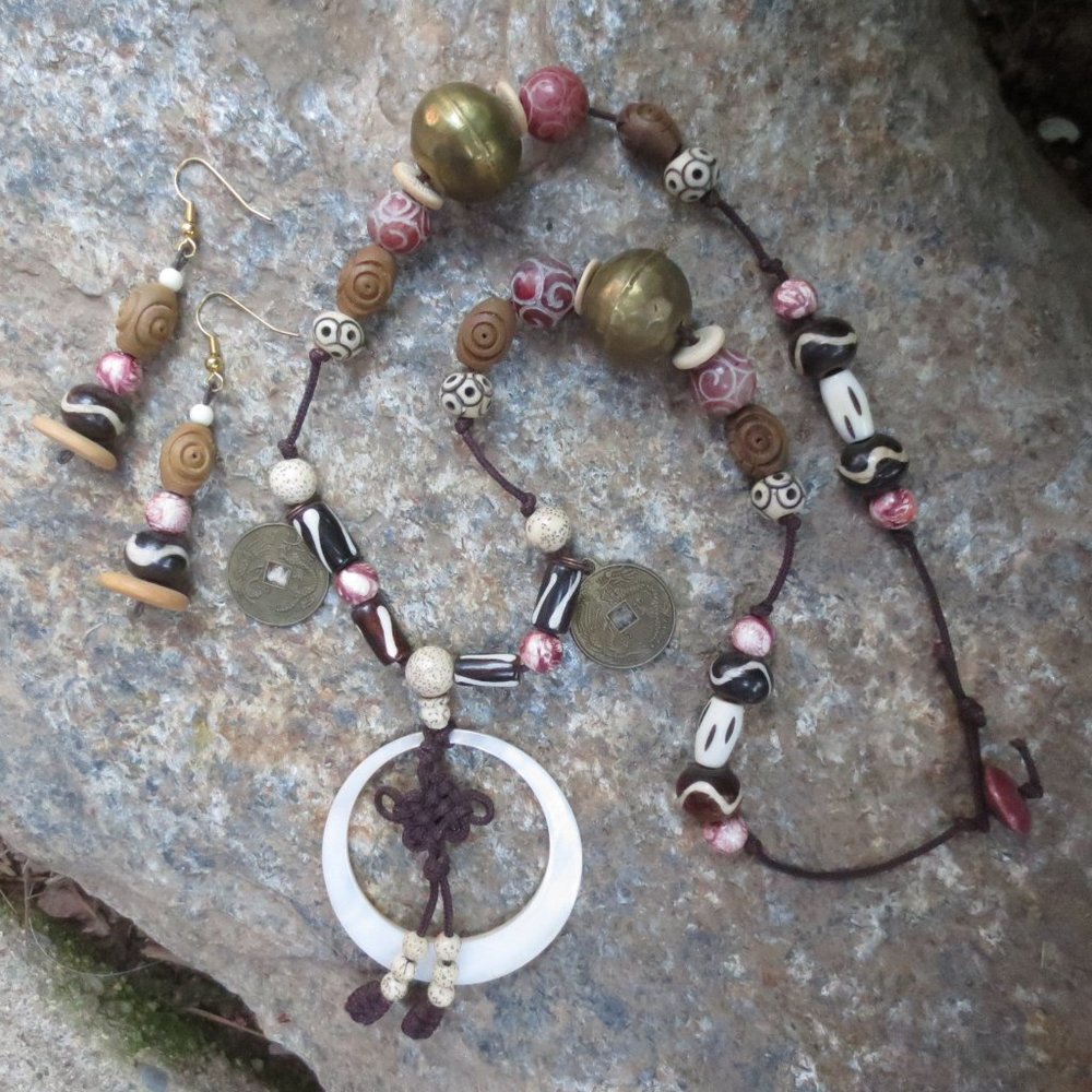 Handcrafted Necklace Pierced Earrings Set Asian Inspired Jade Lotus Silk Brass